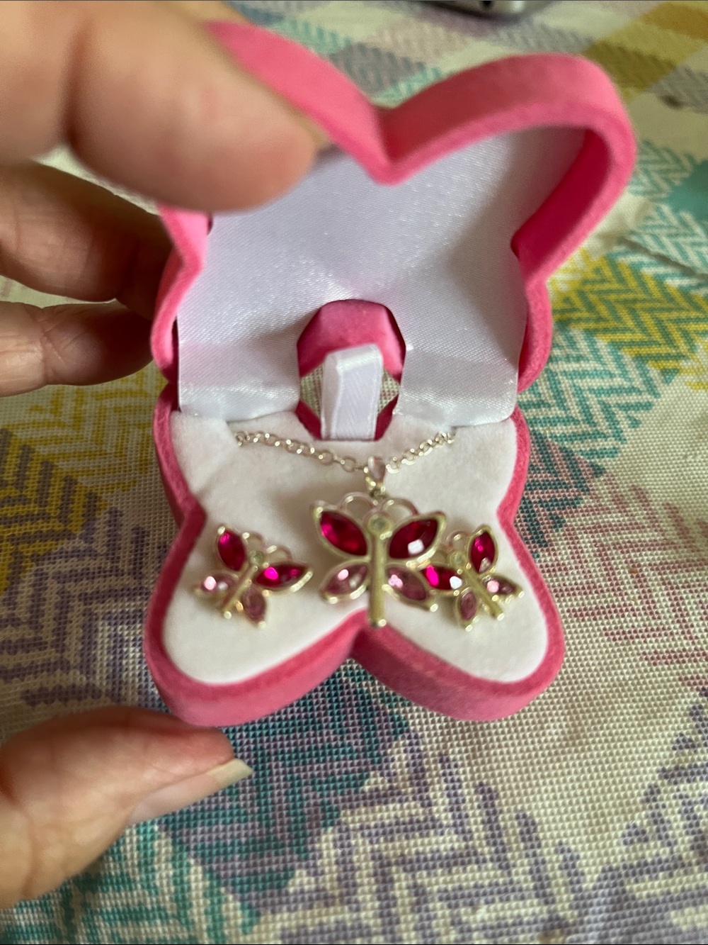 Pink Crystal Butterfly Pendant Necklace and Earrings Set